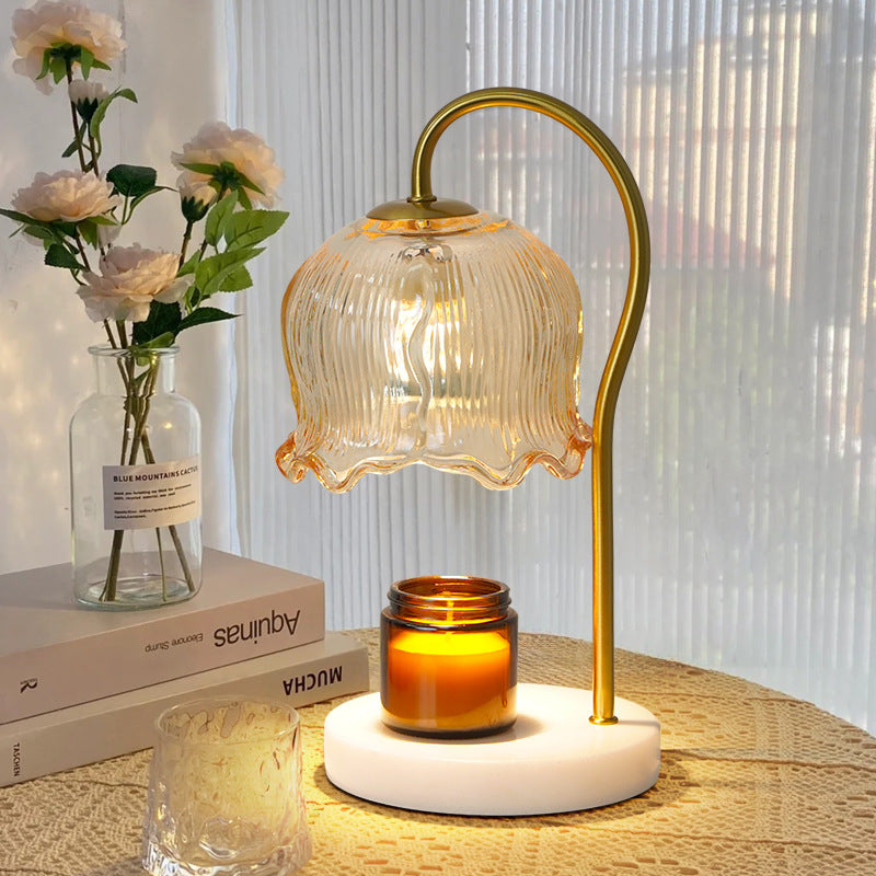 Home Decor Fragrance Candle Warmer Lamp with 2 Bulbs Walnut Base Bell Orchid Glass Lampshade