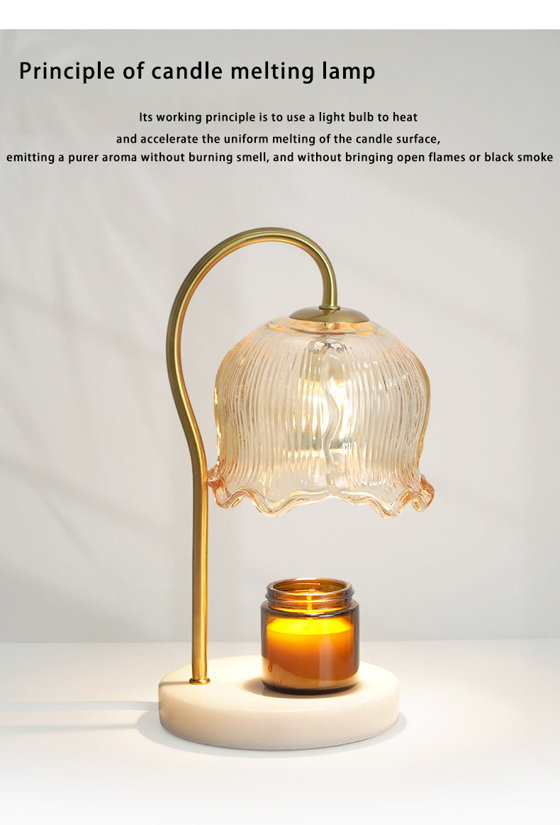 Home Decor Fragrance Candle Warmer Lamp with 2 Bulbs Walnut Base Bell Orchid Glass Lampshade