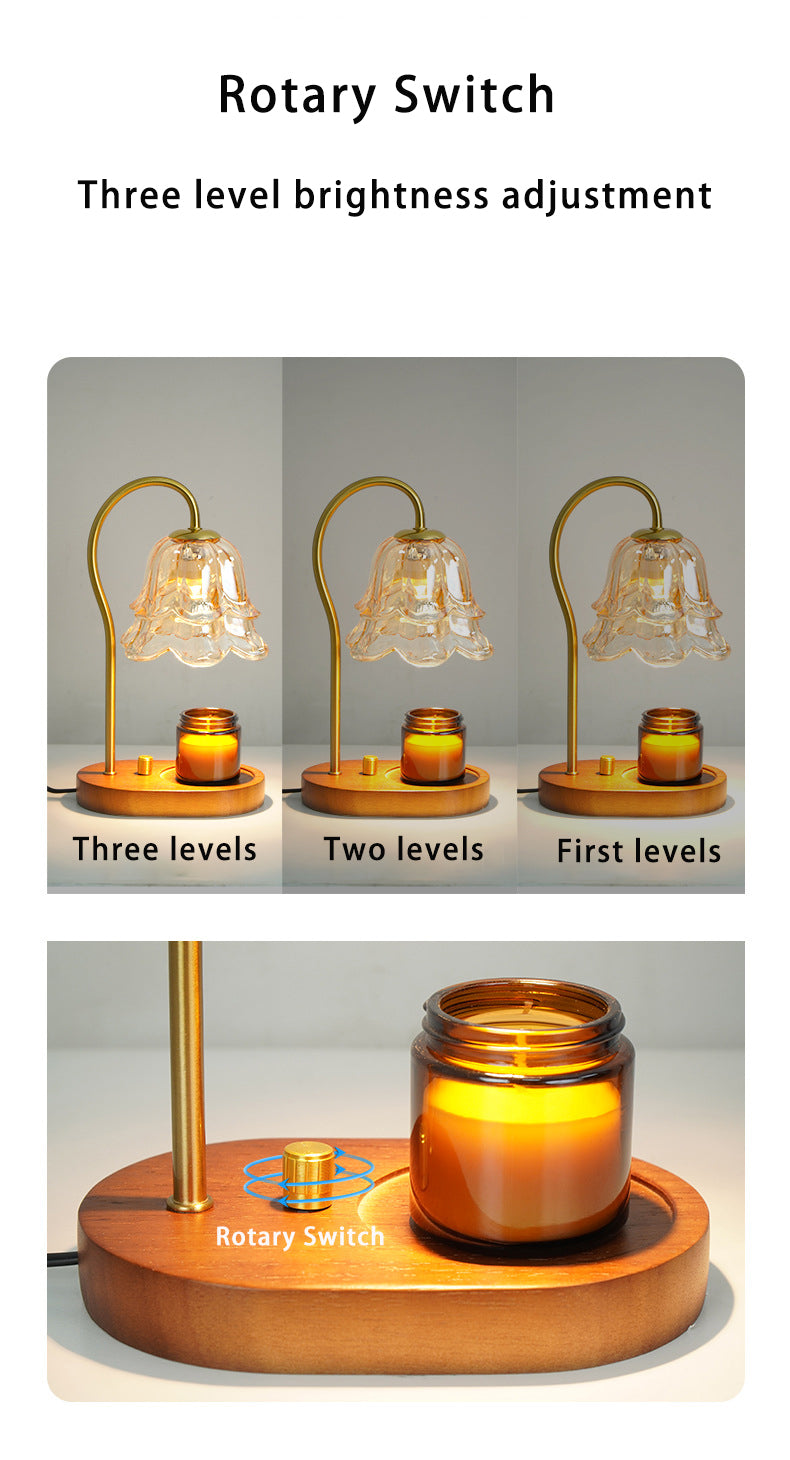 Home Decor Fragrance Candle Warmer Lamp with 2 Bulbs Walnut Base Bell Orchid Glass Lampshade