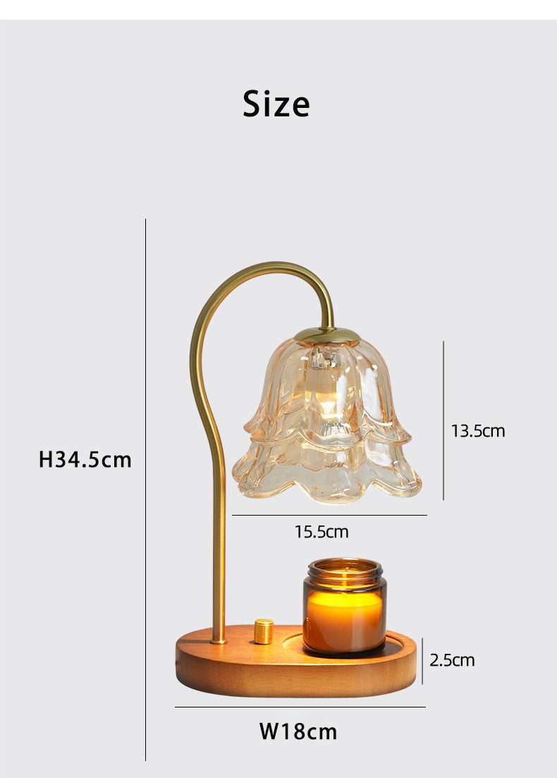 Home Decor Fragrance Candle Warmer Lamp with 2 Bulbs Walnut Base Bell Orchid Glass Lampshade